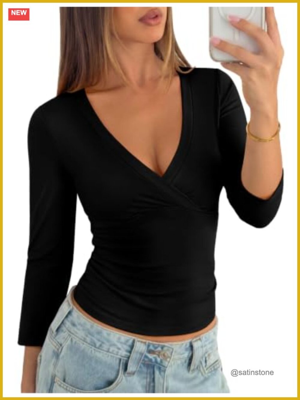Womens 3/4 Sleeve Wrap V Neck Fitted Going Out Top Y2K Party Shirt